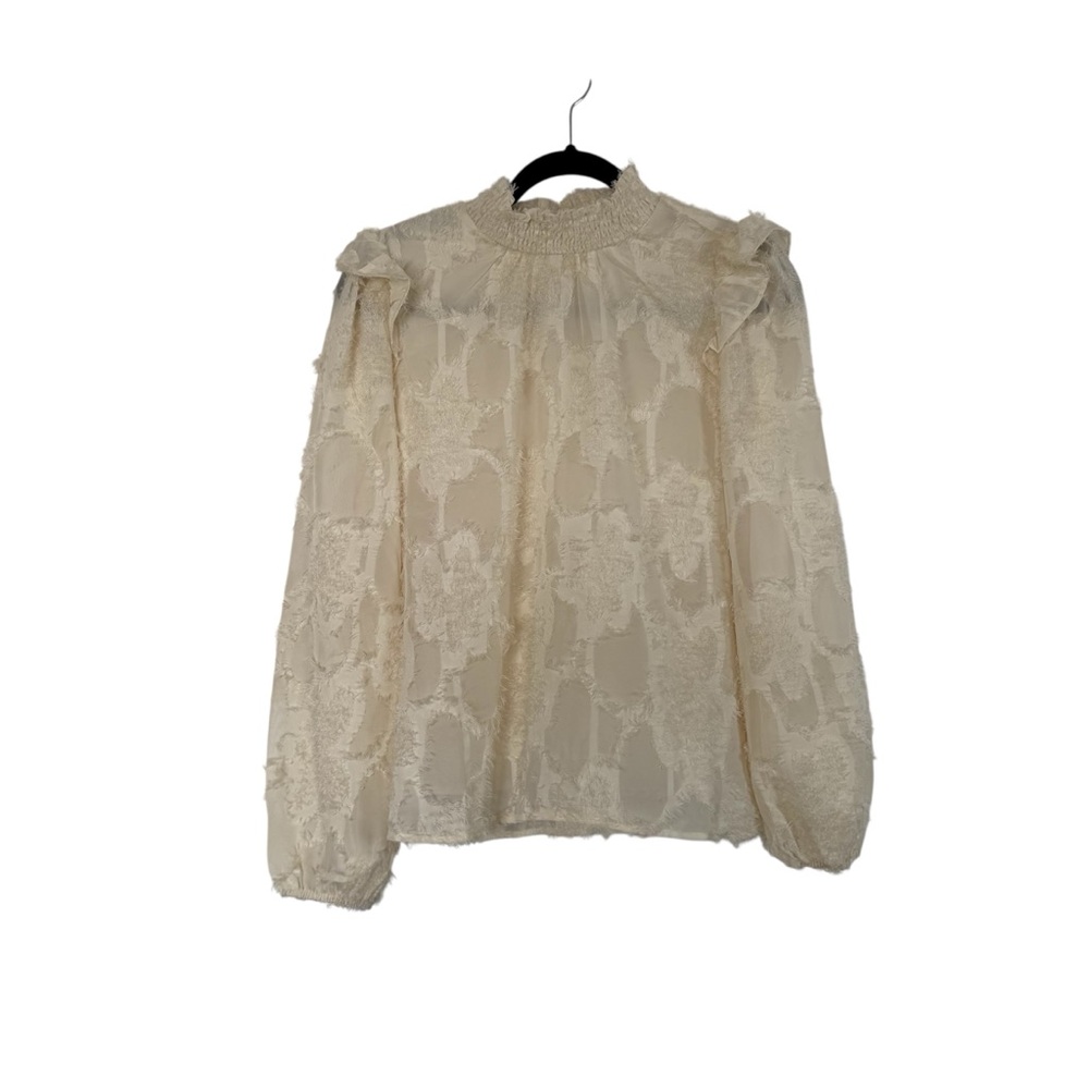 Melloday Blouse Textured Sheer Mock Neck Ruffle Trim